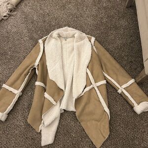 Faux Shearling Cascade Coatigan in Tan and Cream